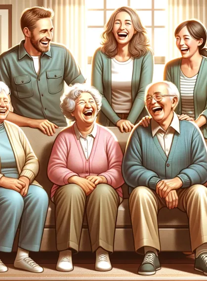 Ein illustriertes Bild zeigt fünf lächelnde Senioren und eine stehende Pflegekraft, die sich in einem gemütlichen Wohnzimmer voller Pflanzen und Familienfotos unterhalten. Die Gruppe strahlt Freude und Zusammenhalt aus.