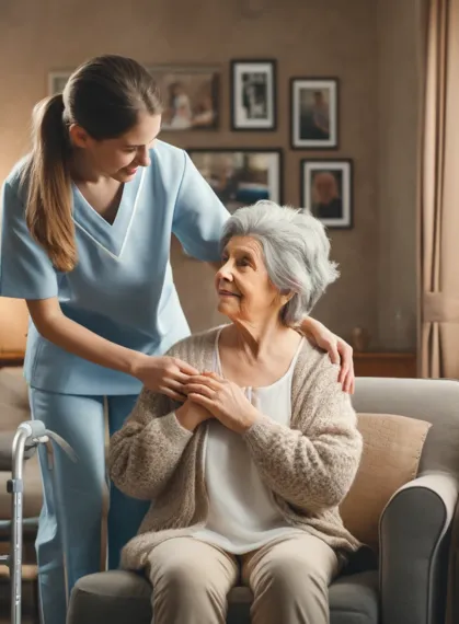 Eine junge Pflegekraft in blauer Uniform hilft einer älteren Frau mit grauen Haaren, aus einem gemütlichen Sessel in einem warm beleuchteten Wohnzimmer aufzustehen, während im Hintergrund ein Gehwagen und ein Blutdruckmessgerät zu sehen sind.
