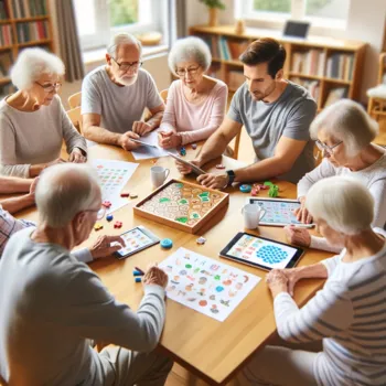 Senioren konzentriert bei Gedächtnistraining in einem hellen Raum, arbeiten an Rätseln und spielen auf Tablets, unterstützt von einem Trainer.