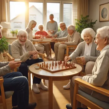 Menschen verschiedenen Alters, einschließlich Senioren und jüngerer Pflegebedürftiger, genießen in der hellen Lounge ihrer Residenz gemeinsame Aktivitäten, umgeben von Wärme und gegenseitiger Unterstützung.