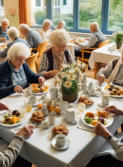Bewohner einer Senioren- und Pflegeeinrichtung genießen eine gemeinsame Mahlzeit in einem hellen Speisesaal, lachen und unterhalten sich, umgeben von liebevoller Tischdekoration, was ein Gefühl von Zuhause und Gemeinschaft vermittelt.