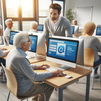 Senioren lernen in einem Computerkurs in der Seniorenresidenz, wie man das Internet nutzt und E-Mails schreibt, unter Anleitung eines Lehrers in einem modern ausgestatteten Raum, was ihre Bereitschaft zeigt, sich mit der digitalen Welt zu verbinden und ne