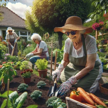 Senioren bei der Gartenarbeit im sonnigen Residenzgarten, pflanzen Blumen und Gemüse, gießen Pflanzen und jäten Unkraut, tragen Hüte und Sonnenbrillen, im Hintergrund ein Teich und Ruhebänke
