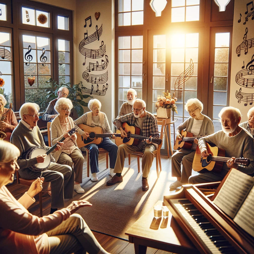 Senioren musizieren gemeinsam in einem hell erleuchteten Musikraum der Seniorenresidenz, spielen Instrumente und singen, umgeben von Musiknoten-Dekor, was die Freude am gemeinsamen kreativen Ausdruck und die Verbindung durch Musik unterstreicht.